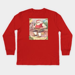 Vintage Merry Christmas Santa Claus Toy Workshop Kids Long Sleeve T-Shirt